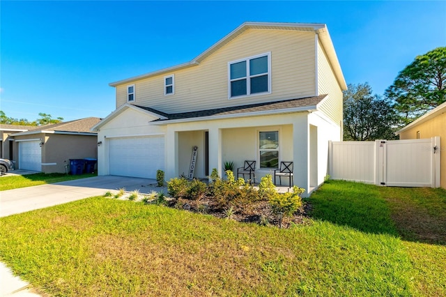 view of front of home featuring a porch, a garage, and a front lawn