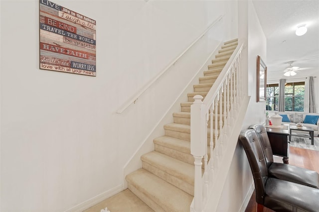 staircase featuring ceiling fan and wood-type flooring