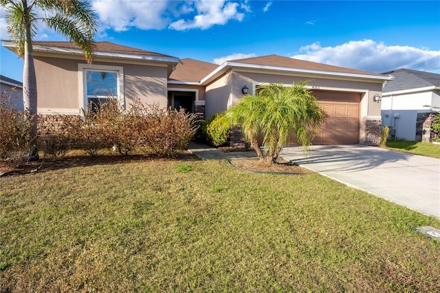 ranch-style house with a front yard and a garage