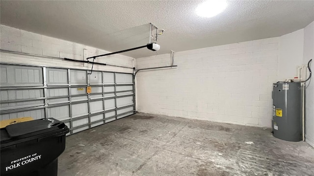 garage with a garage door opener and water heater