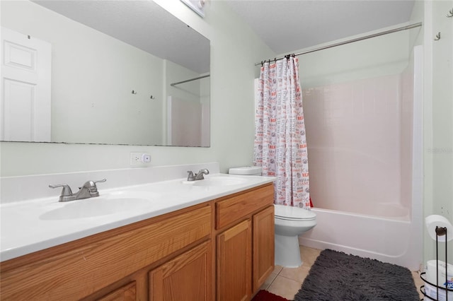 full bathroom featuring tile patterned floors, vanity, shower / bath combination with curtain, and toilet