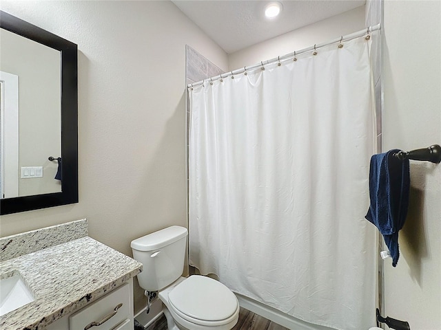 bathroom with vanity, toilet, and wood-type flooring