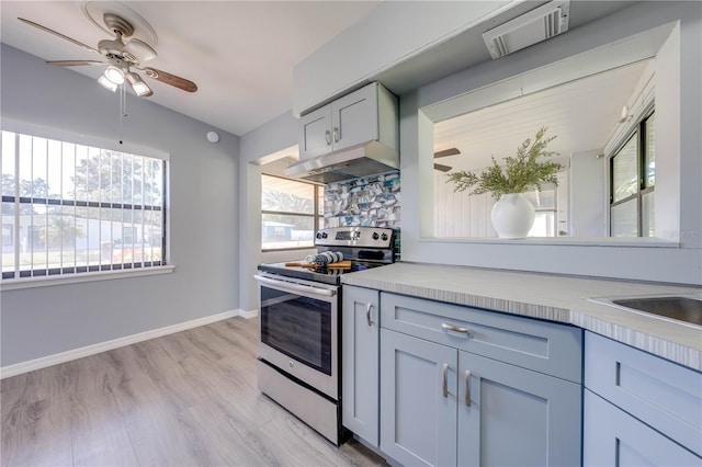 kitchen with light hardwood / wood-style floors, gray cabinets, ceiling fan, and electric stove