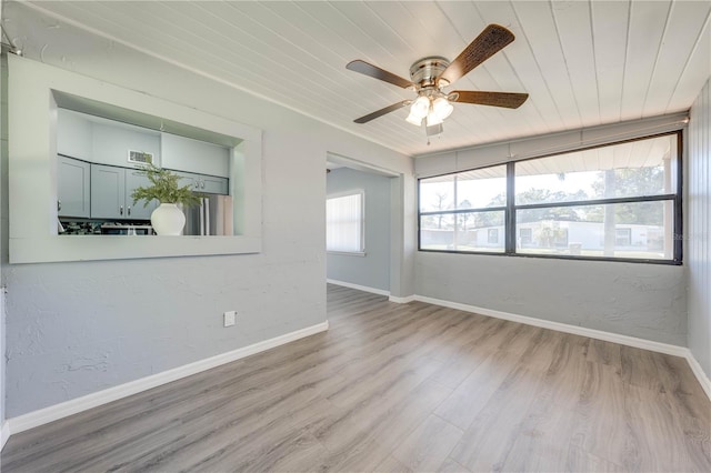 spare room featuring ceiling fan, light wood-type flooring, and wood ceiling