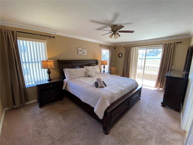 bedroom with light carpet, ceiling fan, access to exterior, ornamental molding, and a textured ceiling