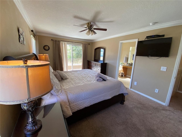 bedroom with ensuite bath, carpet flooring, ceiling fan, ornamental molding, and a textured ceiling