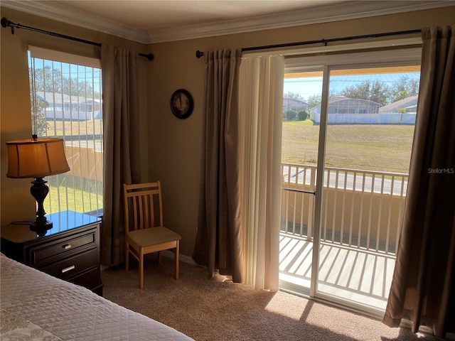 bedroom featuring access to outside, multiple windows, carpet floors, and ornamental molding