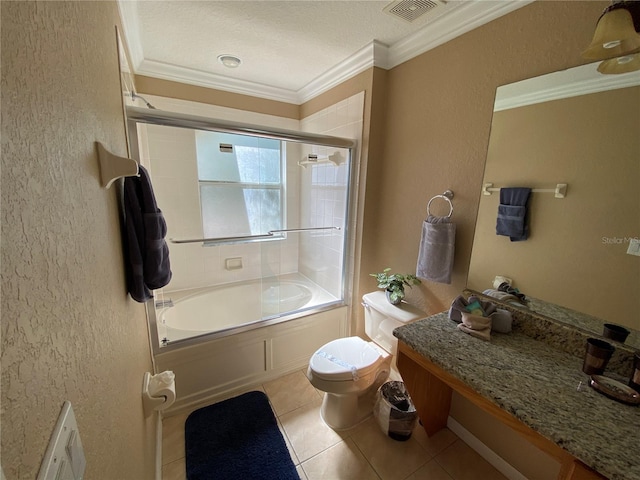 bathroom featuring shower / bath combination with glass door, tile patterned floors, crown molding, toilet, and a textured ceiling