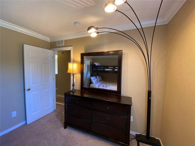 carpeted bedroom with crown molding