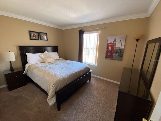 carpeted bedroom with crown molding