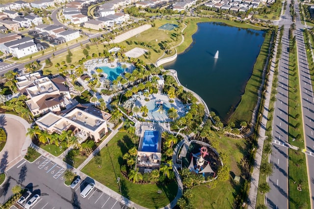 drone / aerial view featuring a water view