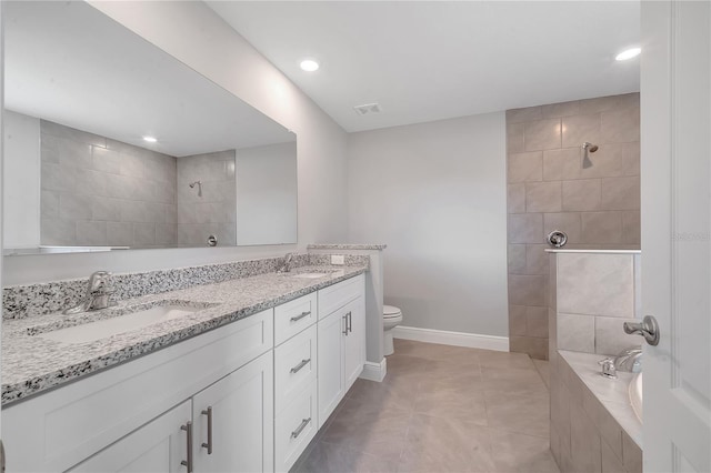 full bathroom with tile patterned floors, vanity, toilet, and shower with separate bathtub