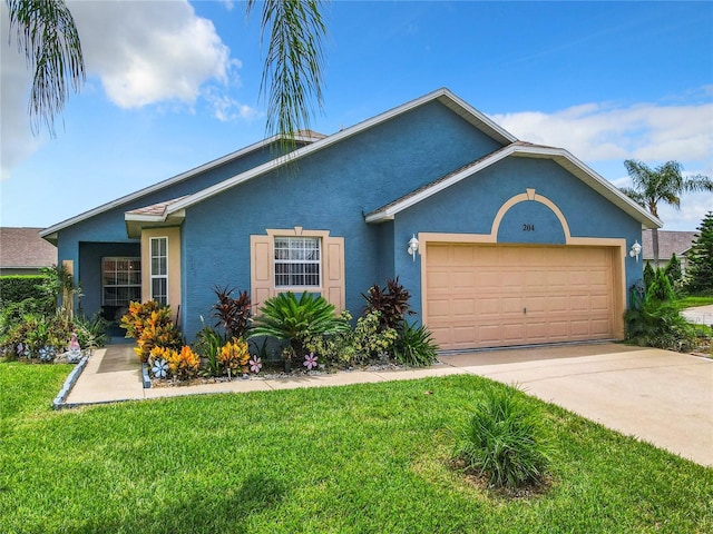 single story home featuring a front yard and a garage