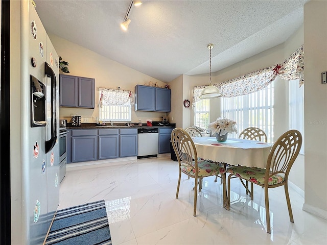 kitchen featuring plenty of natural light, pendant lighting, vaulted ceiling, and appliances with stainless steel finishes