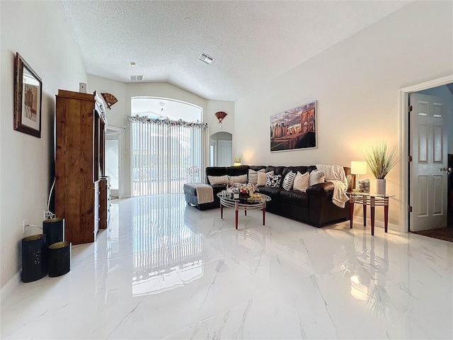 living room featuring a textured ceiling and vaulted ceiling