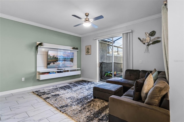 living room featuring ceiling fan and ornamental molding