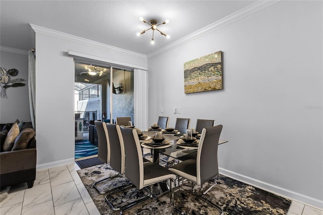 dining space featuring crown molding, a textured ceiling, and an inviting chandelier