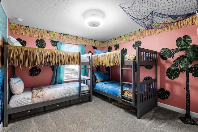 carpeted bedroom with a textured ceiling