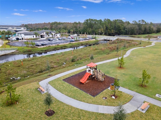 aerial view featuring a water view