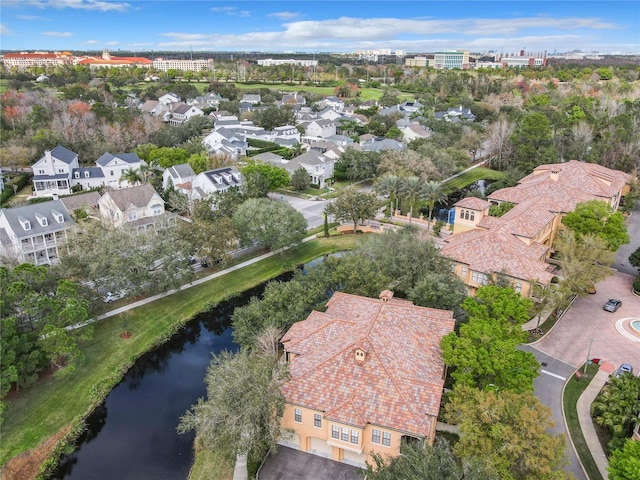 aerial view featuring a water view