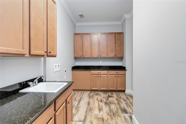 interior space featuring light wood-type flooring, dark stone countertops, ornamental molding, and sink