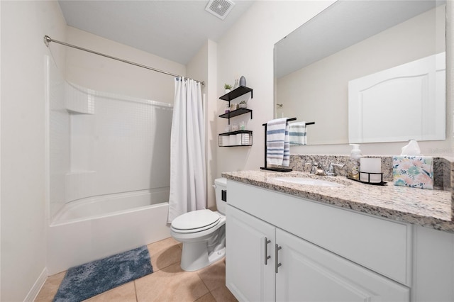 full bathroom with tile patterned flooring, vanity, toilet, and shower / tub combo with curtain