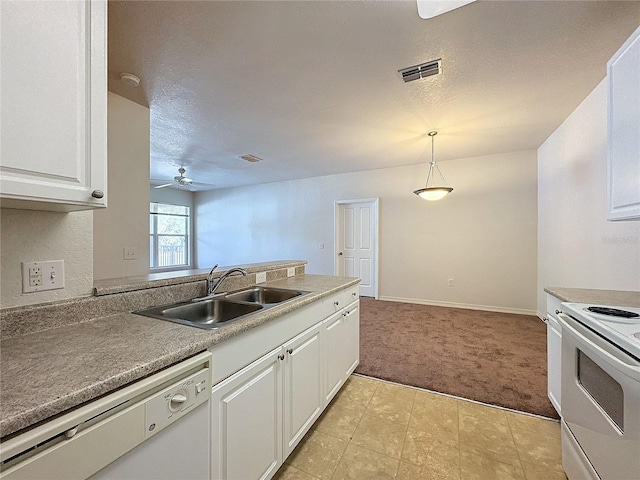 kitchen with sink, decorative light fixtures, white cabinetry, dishwasher, and white range with electric cooktop