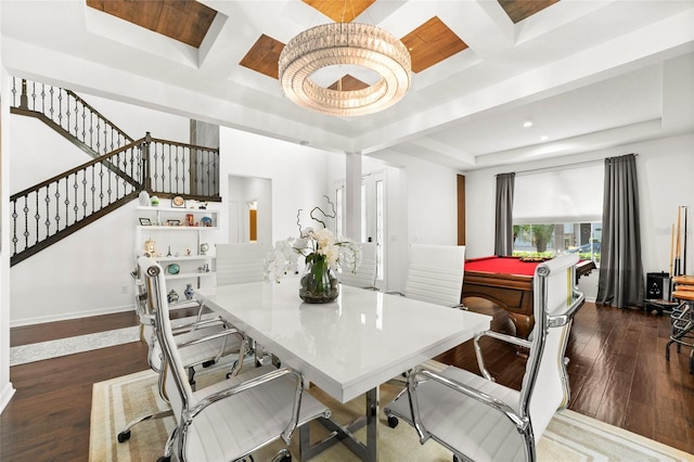 dining area featuring coffered ceiling, dark wood-type flooring, a notable chandelier, and pool table