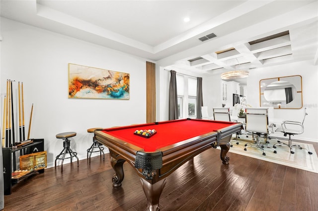 playroom with hardwood / wood-style floors, beamed ceiling, coffered ceiling, and pool table