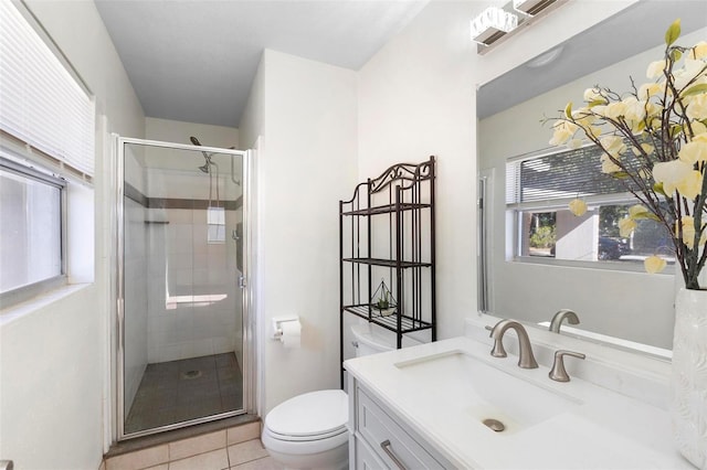 bathroom with tile patterned flooring, vanity, toilet, and a shower with door