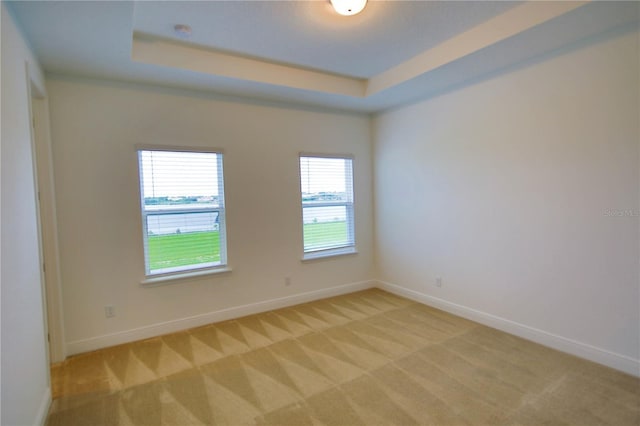 carpeted spare room featuring a tray ceiling