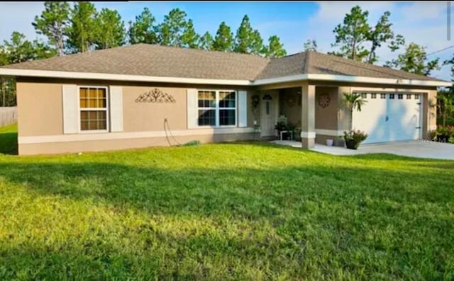 ranch-style house with a front yard and a garage