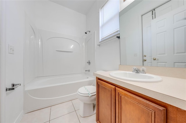 full bathroom featuring tile patterned flooring, vanity,  shower combination, and toilet