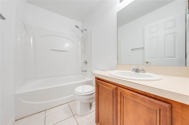 full bathroom with tile patterned flooring, vanity, washtub / shower combination, and toilet