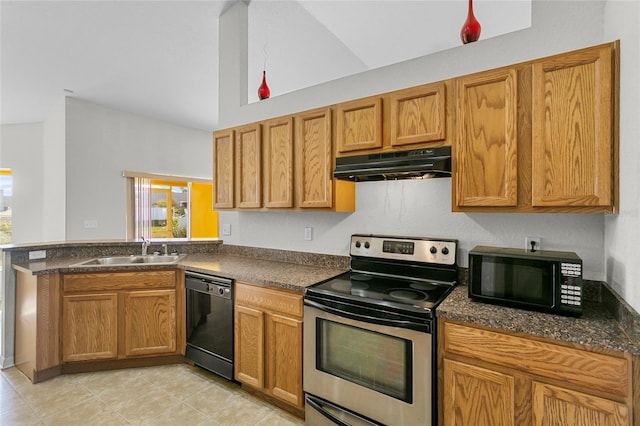 kitchen featuring kitchen peninsula, vaulted ceiling, sink, black appliances, and light tile patterned flooring