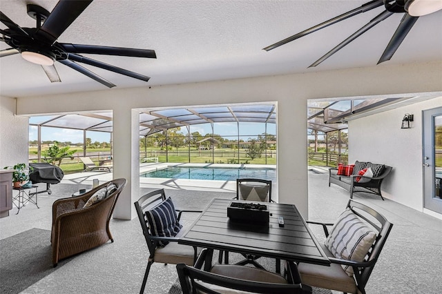 view of patio / terrace featuring an outdoor hangout area and a lanai