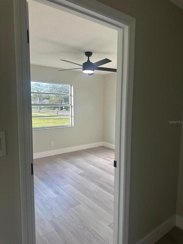 spare room featuring ceiling fan and light wood-type flooring