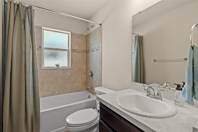 full bathroom with vanity, toilet, and shower / tub combo with curtain