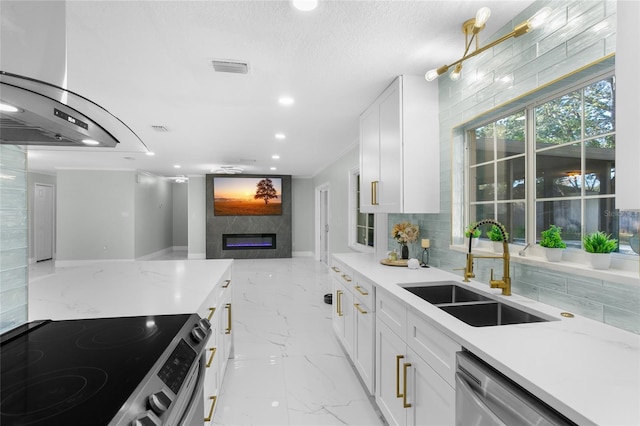 kitchen featuring white cabinets, sink, a fireplace, appliances with stainless steel finishes, and tasteful backsplash