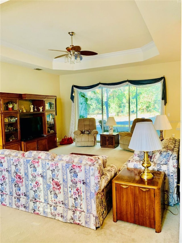 carpeted living room featuring ornamental molding, a healthy amount of sunlight, ceiling fan, and a raised ceiling