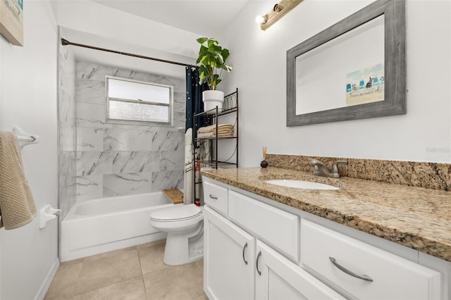 full bathroom featuring tile patterned floors, vanity, toilet, and tiled shower / bath