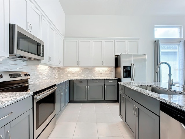 kitchen featuring sink, stainless steel appliances, light stone counters, backsplash, and white cabinets