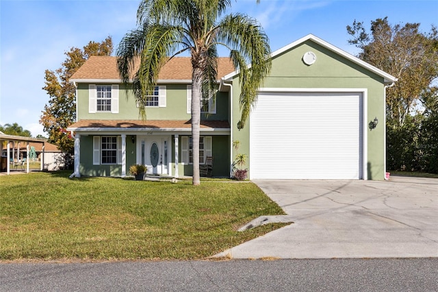 view of front of home with a front lawn and a garage