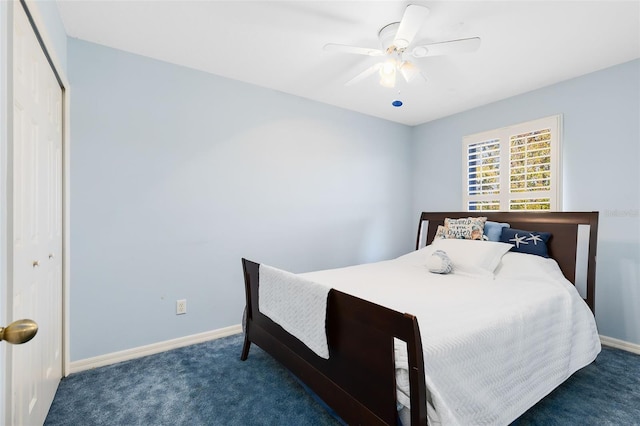 bedroom featuring dark colored carpet, ceiling fan, and a closet