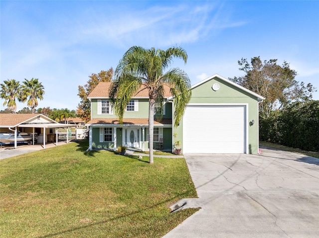 view of front of property with a carport and a front lawn