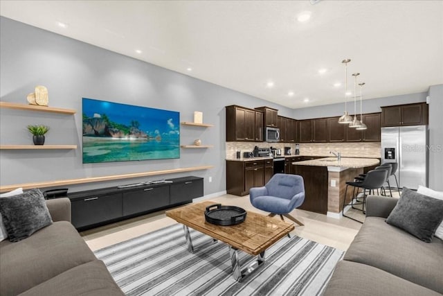 tiled living room with sink