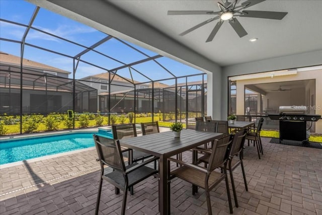 4141 Lana Ave, Davenport, FL 33897 - view of pool with ceiling fan, a patio area, outdoor dining space, and grilling area