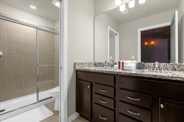 bathroom with tile patterned flooring, vanity, toilet, and a shower with door