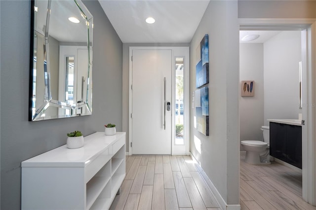 foyer entrance featuring a wealth of natural light and light hardwood / wood-style flooring