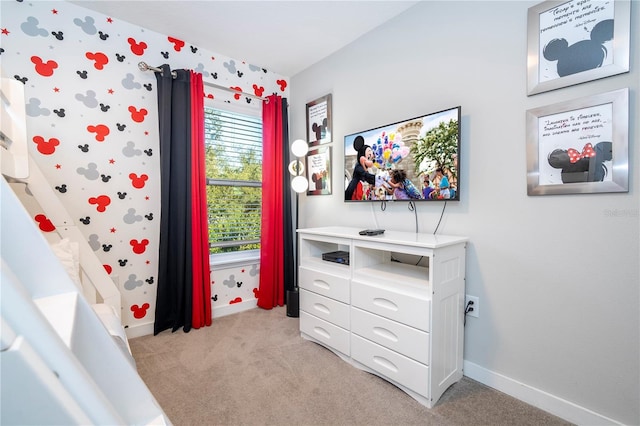 bedroom with light carpet